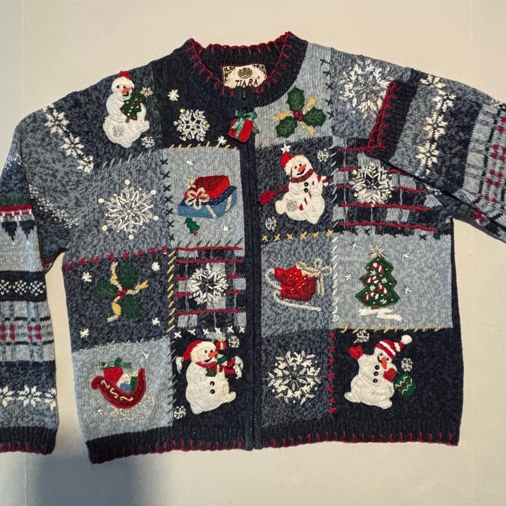 Tiara Cute Ugly Christmas Sweater Holiday Cardigan Embellished 3D Sequins PLarge